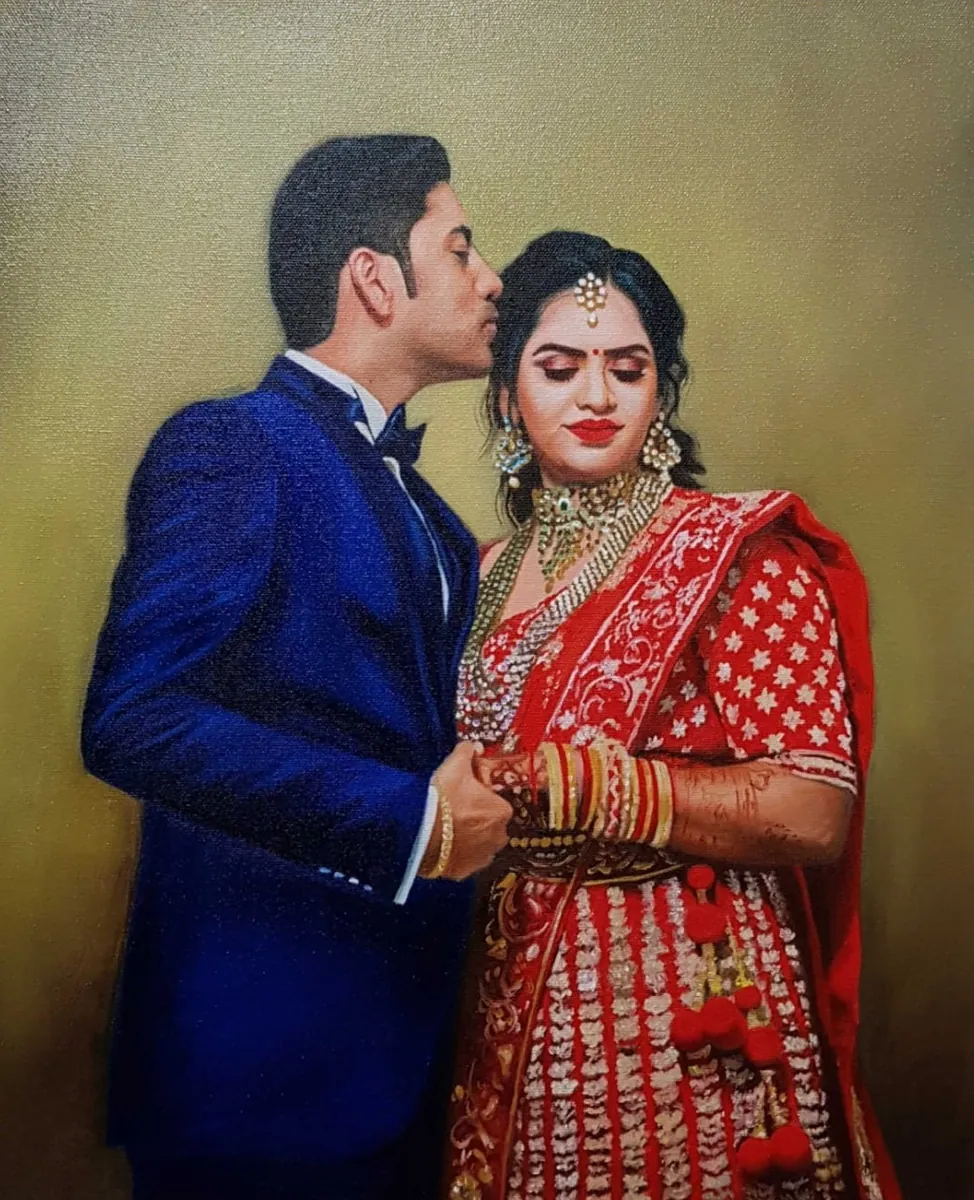 Oil wedding portrait of a couple, the bride in red and gold