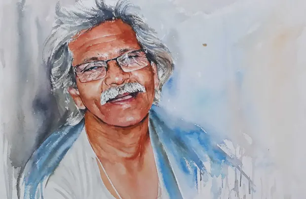 Watercolour portrait of a smiling man with grey hair